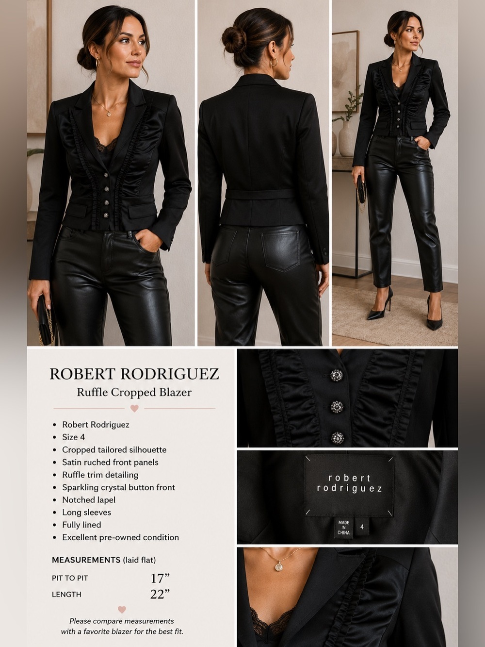 Robert Rodriguez Black Blazer Jacket Crystal Button Cropped Size 4